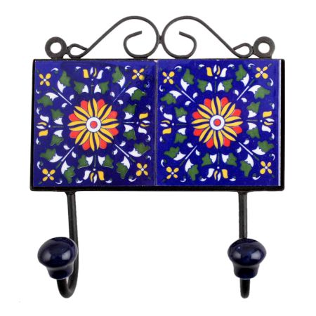 Navy Blue Yellow Floral Tiles Hooks